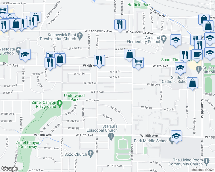map of restaurants, bars, coffee shops, grocery stores, and more near 1707B West 6th Avenue in Kennewick