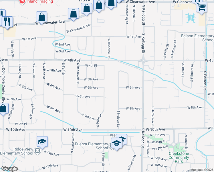 map of restaurants, bars, coffee shops, grocery stores, and more near 6310 West 6th Avenue in Kennewick