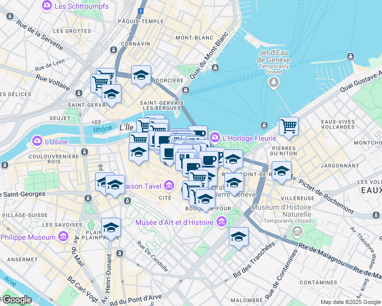 map of restaurants, bars, coffee shops, grocery stores, and more near 70 Rue du Rhône in Genève