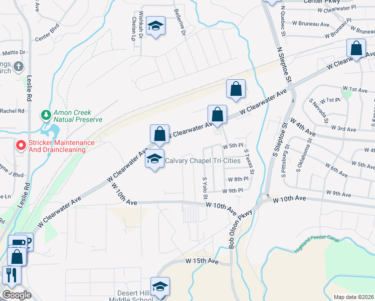 map of restaurants, bars, coffee shops, grocery stores, and more near 602 South Yolo Street in Kennewick