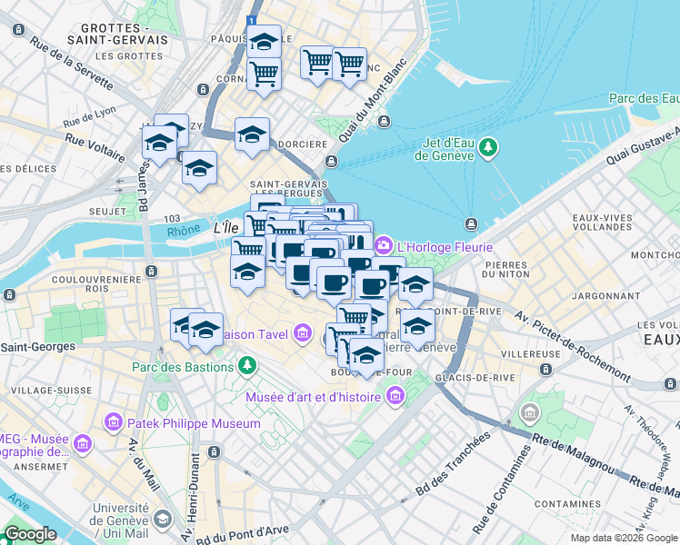 map of restaurants, bars, coffee shops, grocery stores, and more near 70 Rue du Rhône in Genève