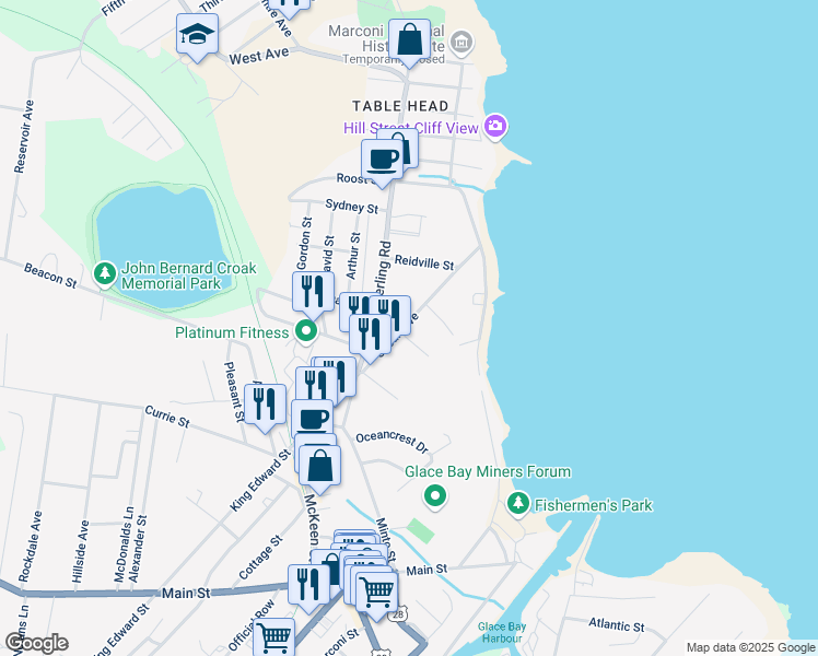 map of restaurants, bars, coffee shops, grocery stores, and more near 107 Ocean Avenue in Glace Bay