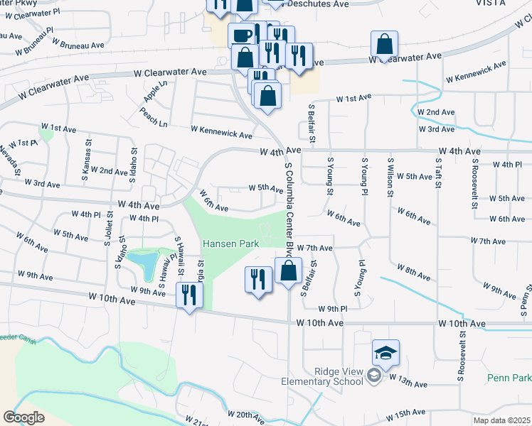 map of restaurants, bars, coffee shops, grocery stores, and more near 503 South Delaware Street in Kennewick