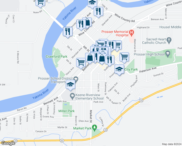 map of restaurants, bars, coffee shops, grocery stores, and more near Market Street & Dudley Avenue in Prosser