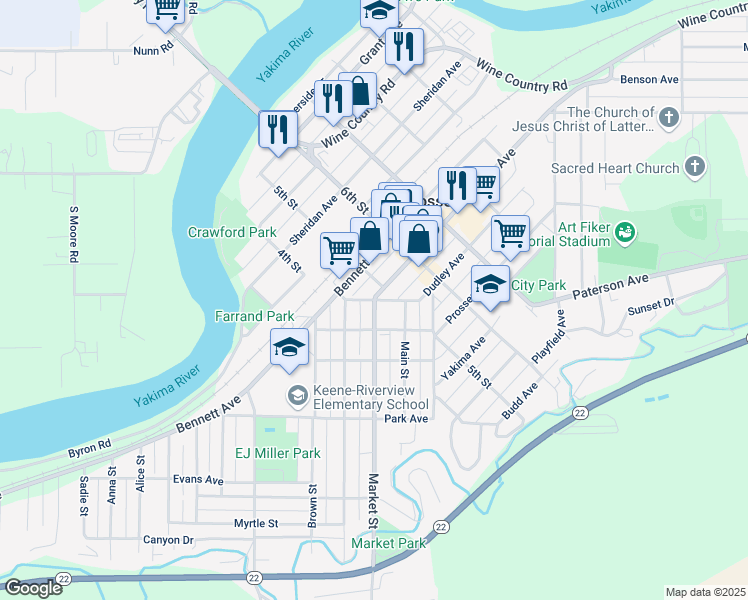 map of restaurants, bars, coffee shops, grocery stores, and more near 1000 Bennett Avenue in Prosser