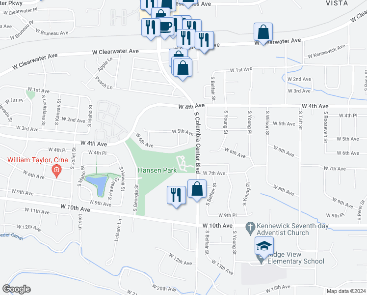 map of restaurants, bars, coffee shops, grocery stores, and more near 503 South Delaware Street in Kennewick