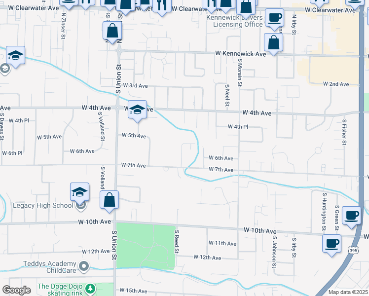 map of restaurants, bars, coffee shops, grocery stores, and more near 424 South Quillan Place in Kennewick