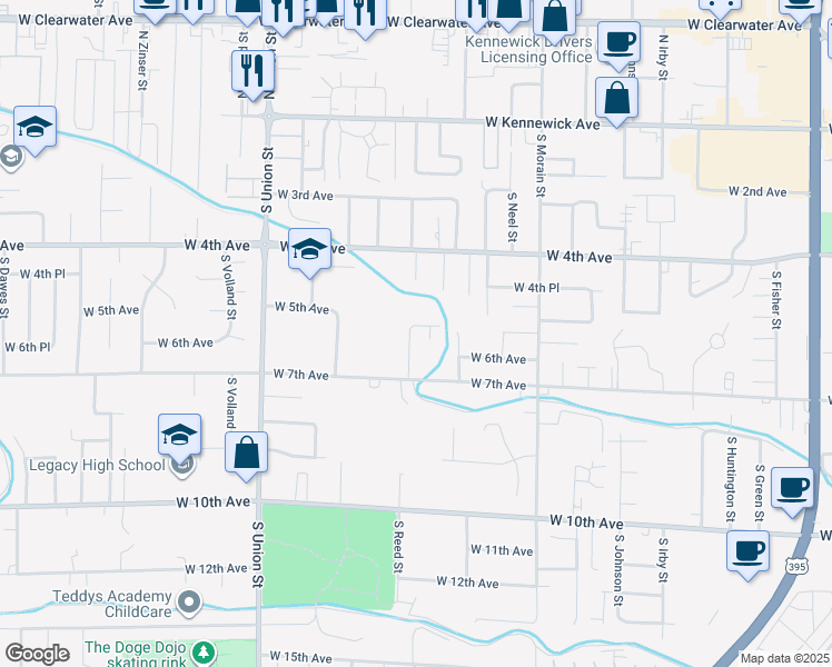 map of restaurants, bars, coffee shops, grocery stores, and more near 424 South Quillan Place in Kennewick