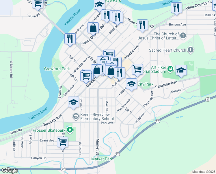 map of restaurants, bars, coffee shops, grocery stores, and more near 1103-1109 Meade Avenue in Prosser