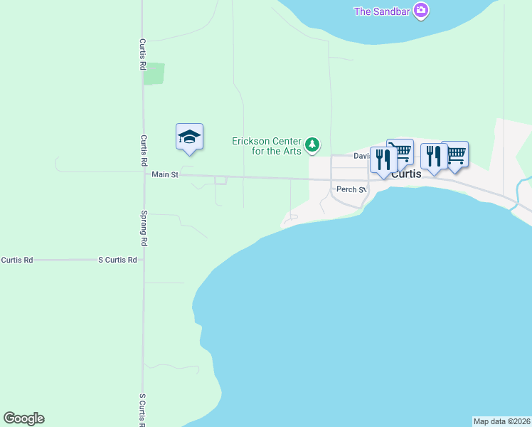 map of restaurants, bars, coffee shops, grocery stores, and more near W17421 Main Street in Curtis