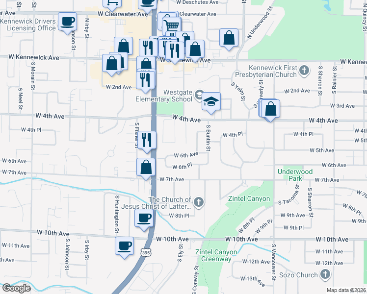 map of restaurants, bars, coffee shops, grocery stores, and more near 429 South Dennis Street in Kennewick