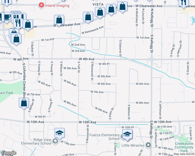 map of restaurants, bars, coffee shops, grocery stores, and more near 6603 West 5th Avenue in Kennewick