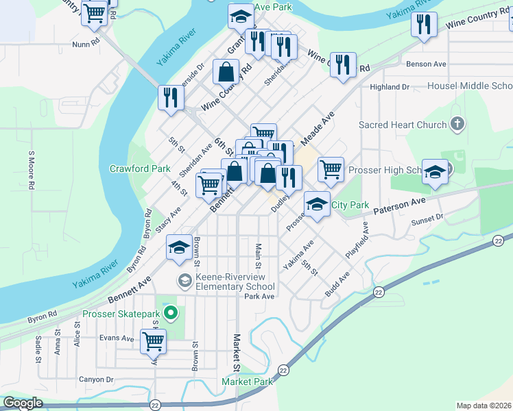 map of restaurants, bars, coffee shops, grocery stores, and more near 1103-1109 Meade Avenue in Prosser