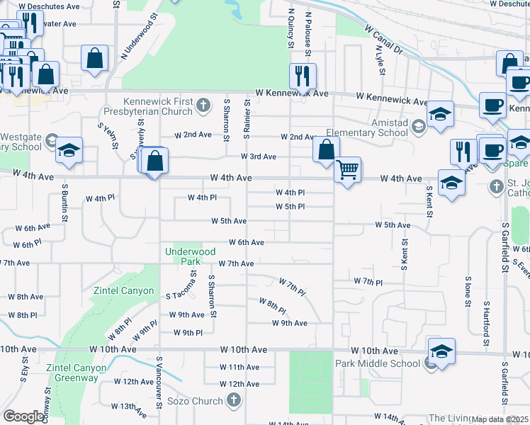 map of restaurants, bars, coffee shops, grocery stores, and more near 1703 West 5th Place in Kennewick