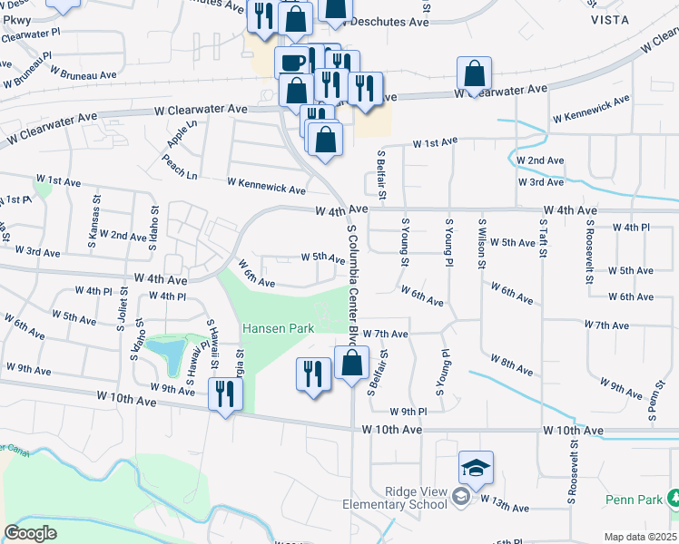 map of restaurants, bars, coffee shops, grocery stores, and more near 503 South Delaware Street in Kennewick