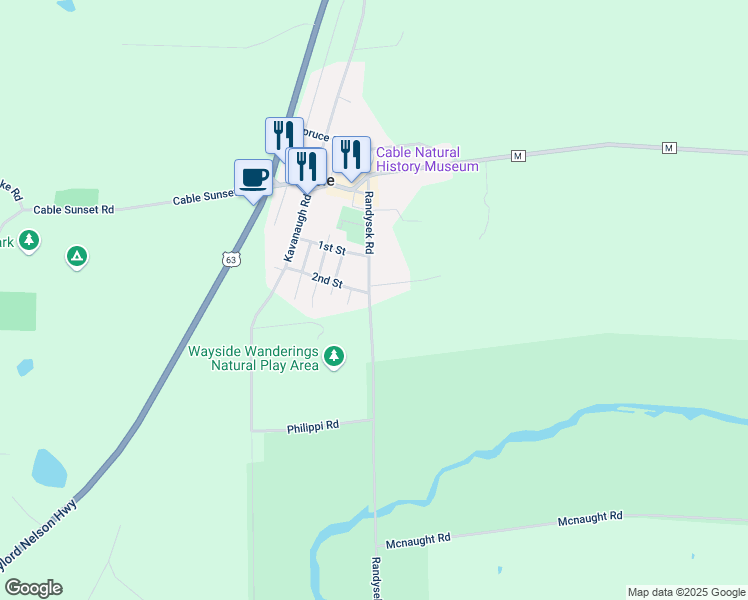 map of restaurants, bars, coffee shops, grocery stores, and more near 43260 Randysek Road in Cable