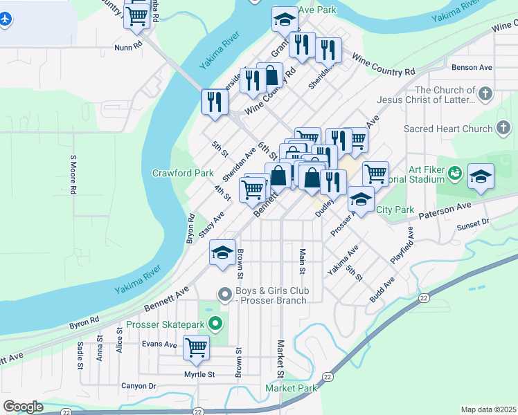 map of restaurants, bars, coffee shops, grocery stores, and more near 1000 Bennett Avenue in Prosser