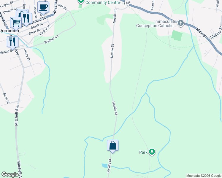 map of restaurants, bars, coffee shops, grocery stores, and more near 277 Neville Street in Dominion