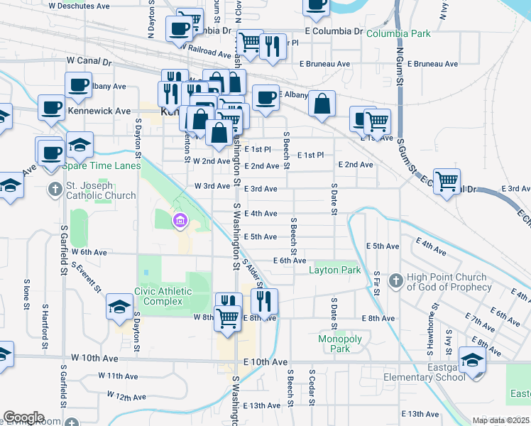 map of restaurants, bars, coffee shops, grocery stores, and more near 107 East 4th Avenue in Kennewick