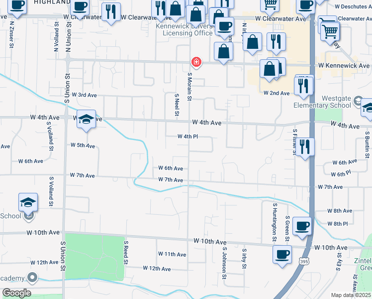 map of restaurants, bars, coffee shops, grocery stores, and more near 438 South Morain Street in Kennewick