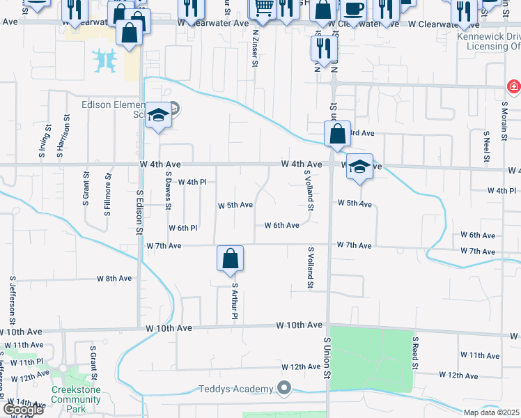 map of restaurants, bars, coffee shops, grocery stores, and more near 501 South Zinser Street in Kennewick