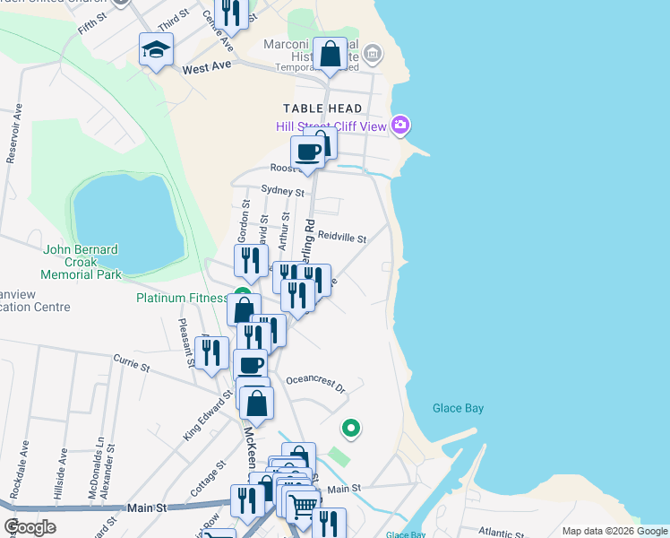 map of restaurants, bars, coffee shops, grocery stores, and more near 100 Ocean Avenue in Glace Bay