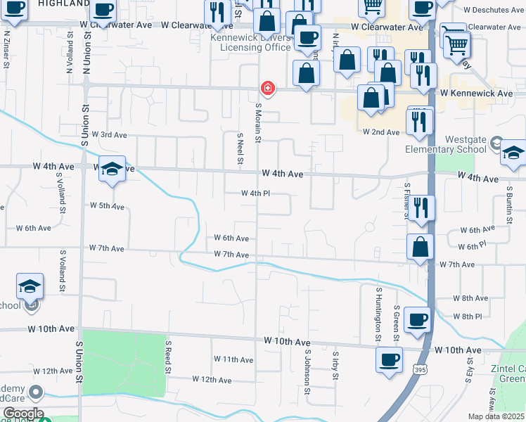 map of restaurants, bars, coffee shops, grocery stores, and more near 3516 West 5th Avenue in Kennewick