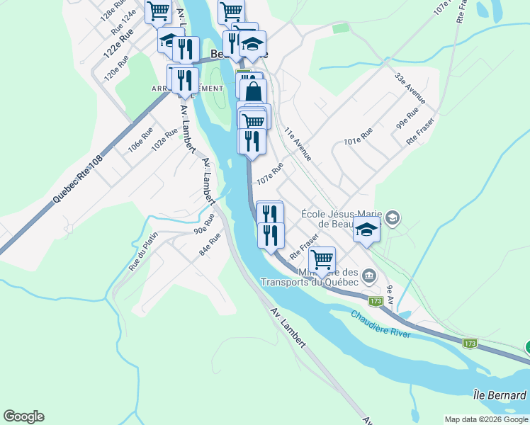 map of restaurants, bars, coffee shops, grocery stores, and more near 650 Boulevard Renault in Beauceville