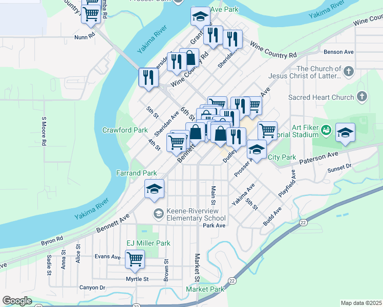 map of restaurants, bars, coffee shops, grocery stores, and more near 1000 Bennett Avenue in Prosser