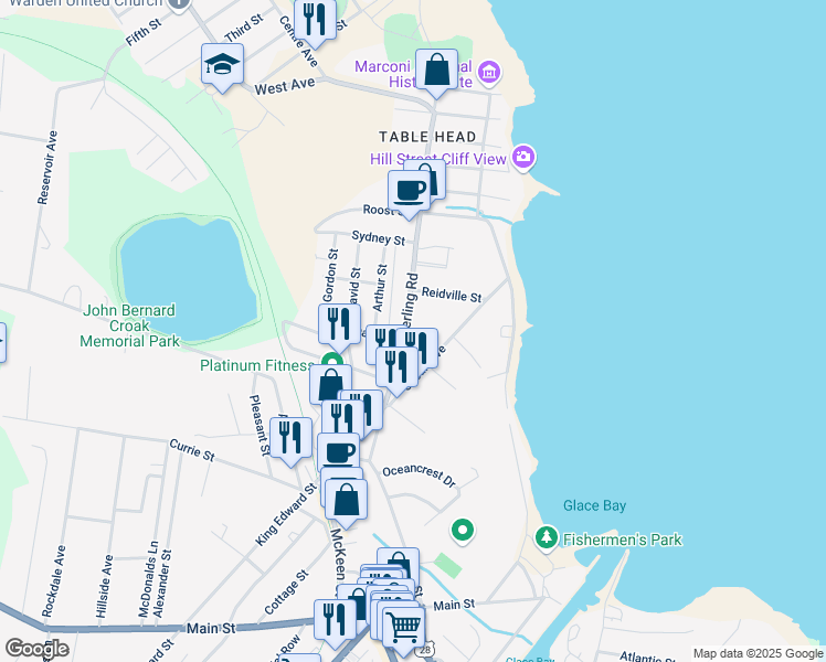 map of restaurants, bars, coffee shops, grocery stores, and more near 46 Sterling Road in Glace Bay