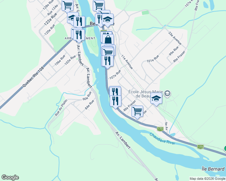 map of restaurants, bars, coffee shops, grocery stores, and more near 650 Boulevard Renault in Beauceville