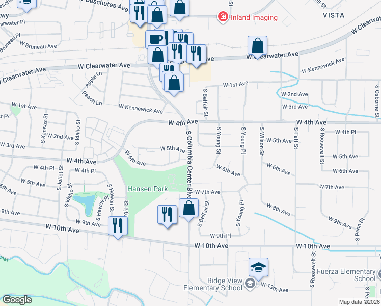 map of restaurants, bars, coffee shops, grocery stores, and more near 603 South Columbia Center Boulevard in Kennewick