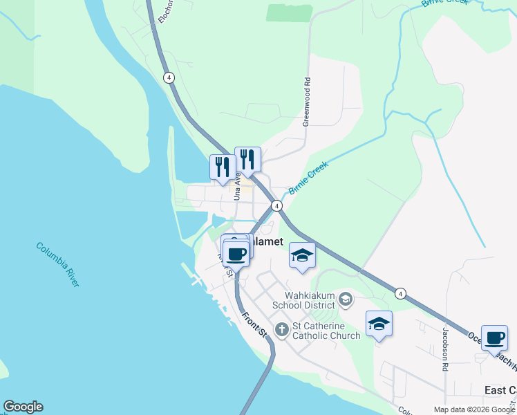 map of restaurants, bars, coffee shops, grocery stores, and more near 180 2nd Street in Cathlamet