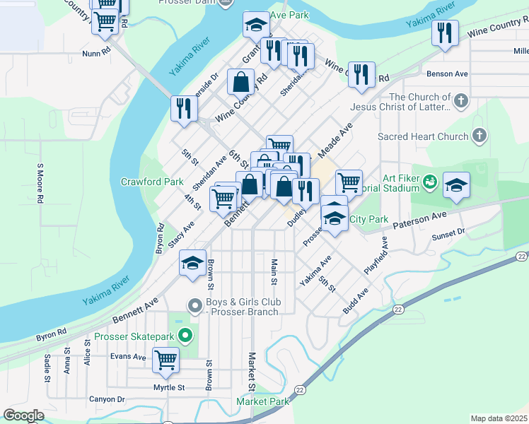 map of restaurants, bars, coffee shops, grocery stores, and more near 1103-1109 Meade Avenue in Prosser
