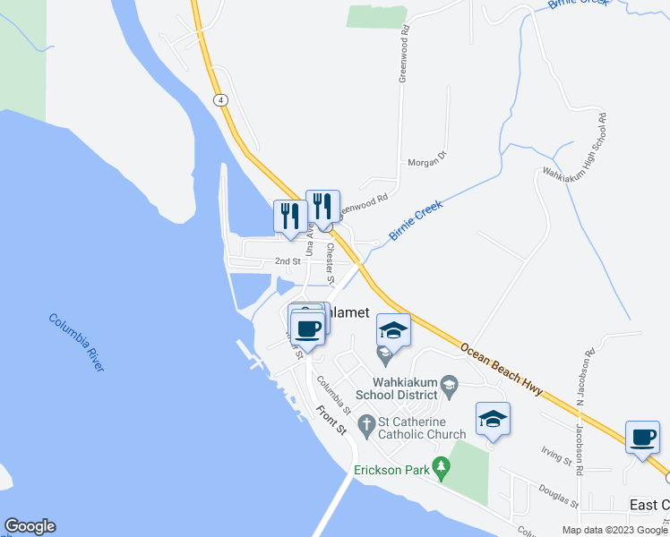 map of restaurants, bars, coffee shops, grocery stores, and more near 150 2nd Street in Cathlamet
