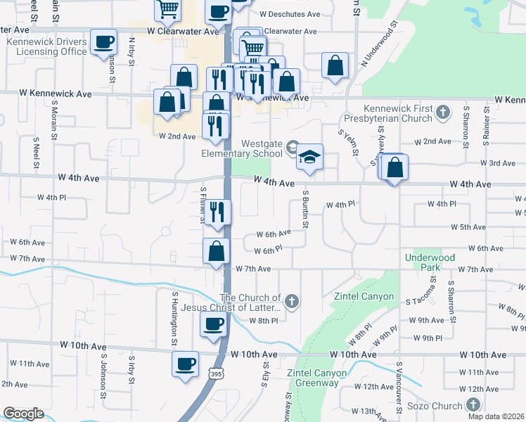 map of restaurants, bars, coffee shops, grocery stores, and more near 429 South Dennis Street in Kennewick