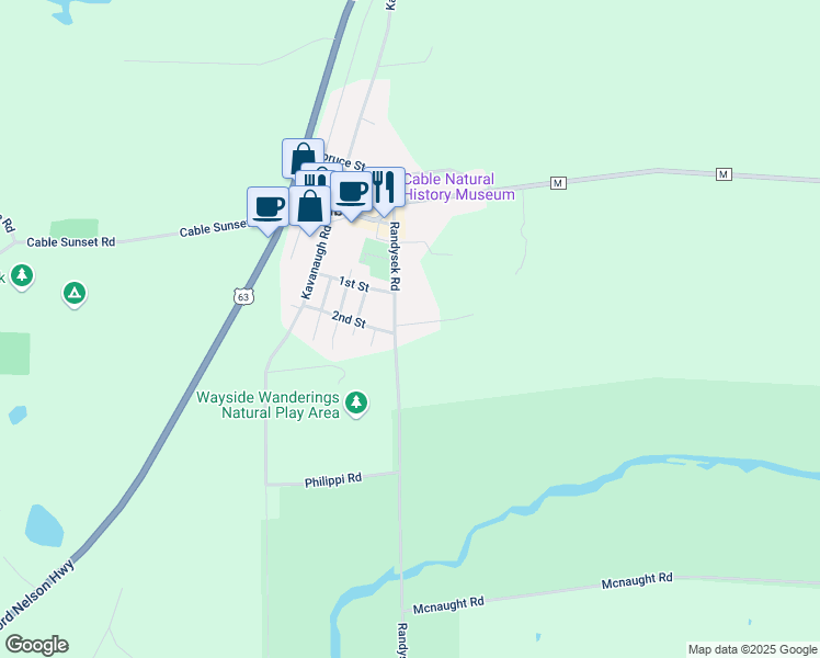 map of restaurants, bars, coffee shops, grocery stores, and more near 43260 Randysek Road in Cable