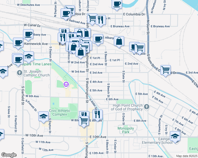 map of restaurants, bars, coffee shops, grocery stores, and more near 107 East 4th Avenue in Kennewick