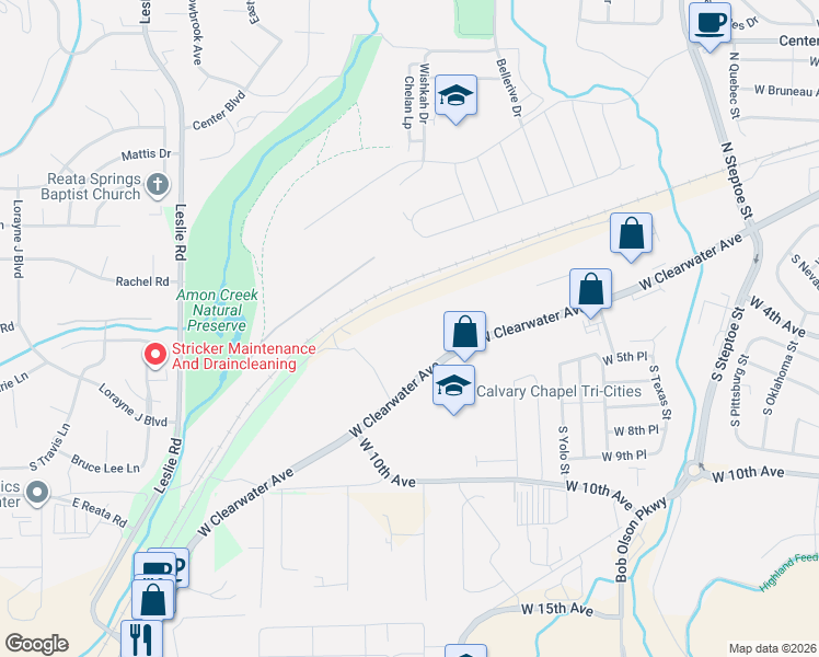 map of restaurants, bars, coffee shops, grocery stores, and more near 11518-11520 W Clearwater Ave in Kennewick