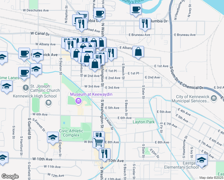 map of restaurants, bars, coffee shops, grocery stores, and more near 107 East 4th Avenue in Kennewick