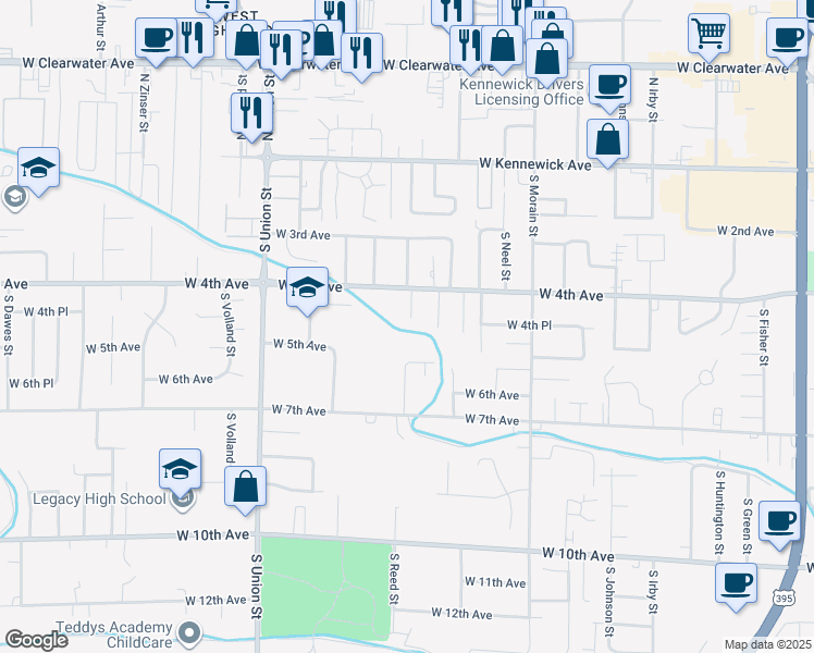 map of restaurants, bars, coffee shops, grocery stores, and more near 424 South Quillan Place in Kennewick