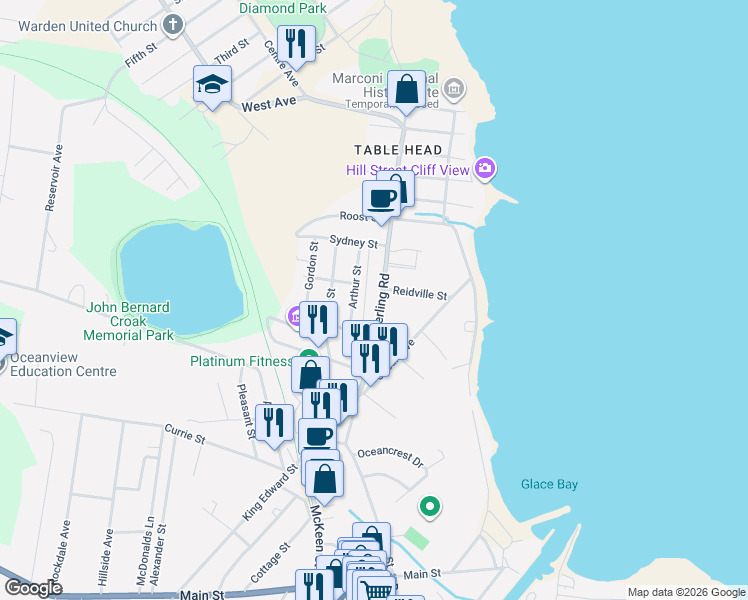 map of restaurants, bars, coffee shops, grocery stores, and more near 55 Sterling Road in Glace Bay