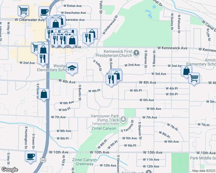 map of restaurants, bars, coffee shops, grocery stores, and more near 2202 West 4th Avenue in Kennewick