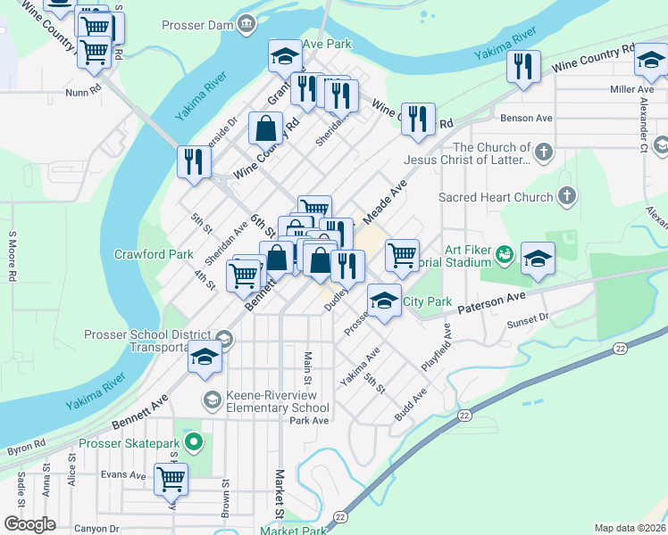 map of restaurants, bars, coffee shops, grocery stores, and more near 1228 Meade Avenue in Prosser