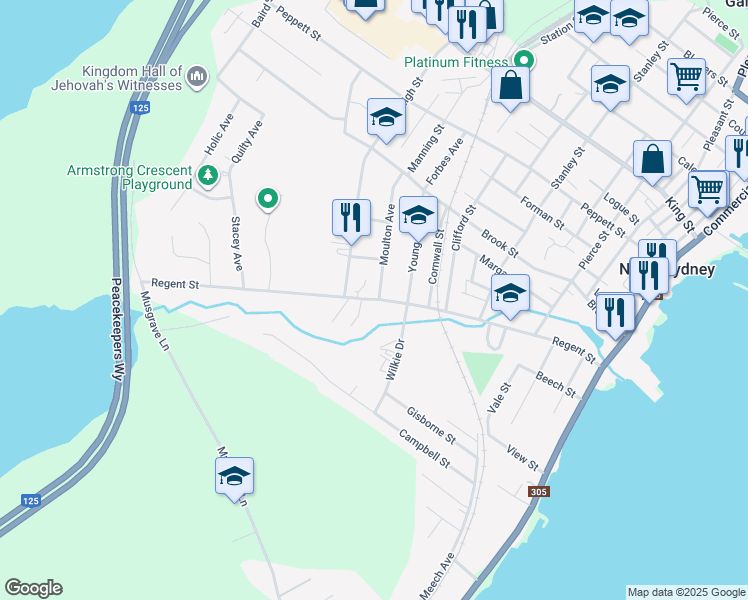 map of restaurants, bars, coffee shops, grocery stores, and more near 87 Regent Street in North Sydney