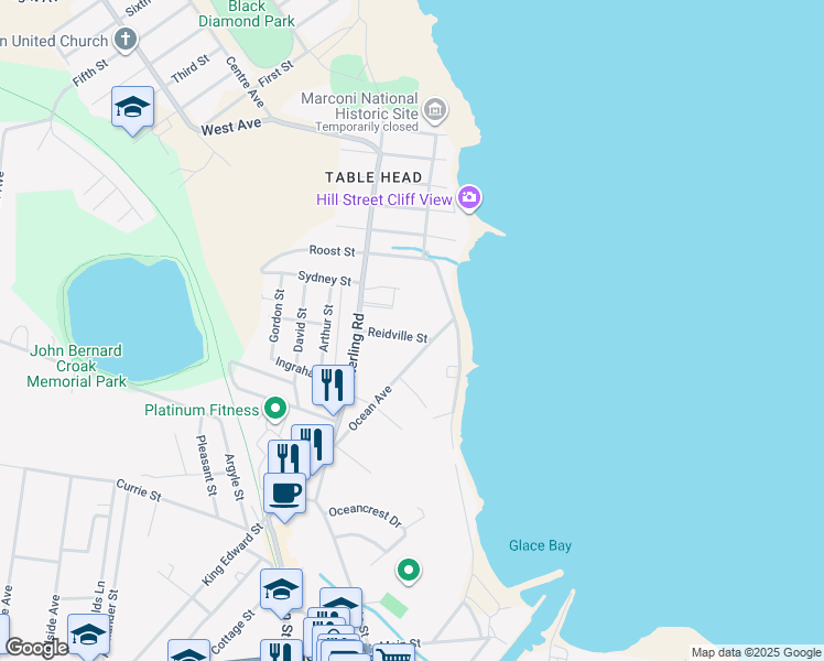 map of restaurants, bars, coffee shops, grocery stores, and more near 16 Reidville Street in Glace Bay
