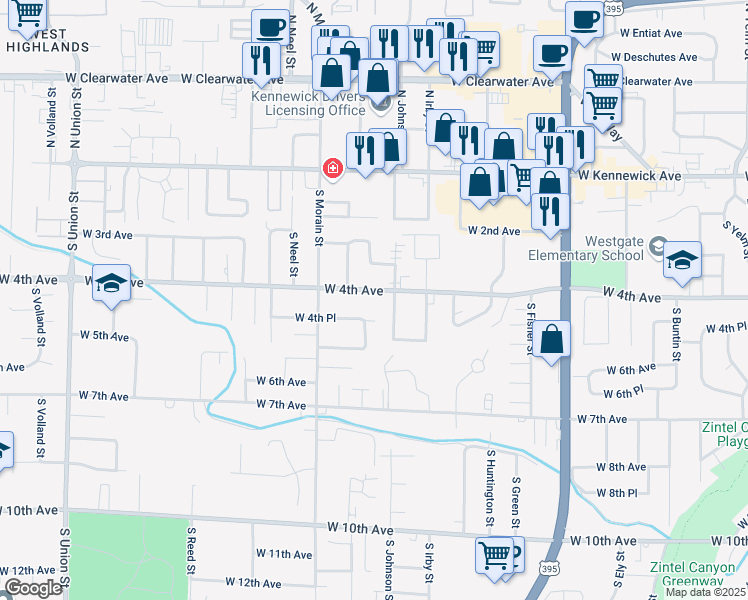 map of restaurants, bars, coffee shops, grocery stores, and more near 3325 West 4th Avenue in Kennewick