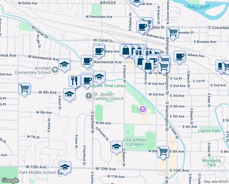 map of restaurants, bars, coffee shops, grocery stores, and more near 500 South Dayton Street in Kennewick
