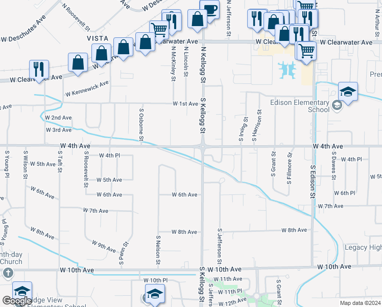 map of restaurants, bars, coffee shops, grocery stores, and more near 6017 West 4th Avenue in Kennewick