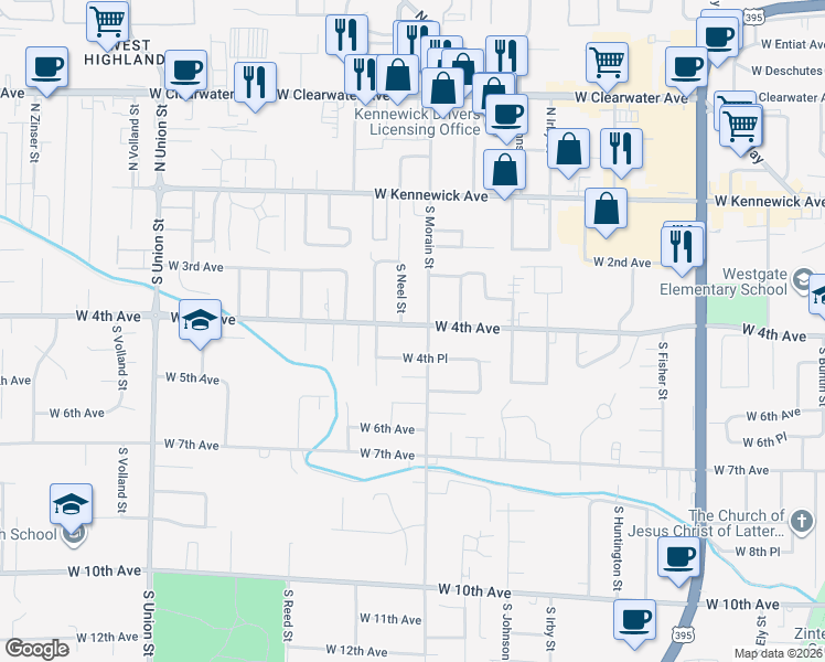 map of restaurants, bars, coffee shops, grocery stores, and more near 3615 West 4th Avenue in Kennewick